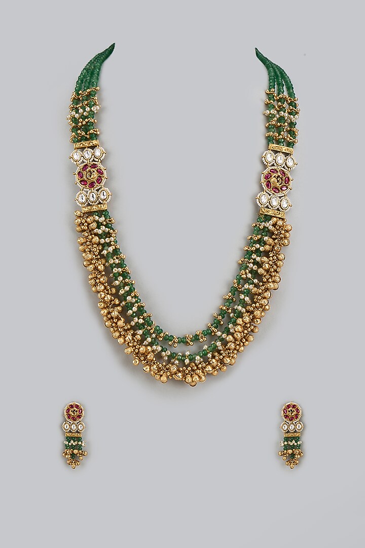 Gold Finish Kundan Polki & Multi-Colored Stone Temple Mala Set by VASTRAA Jewellery at Pernia's Pop Up Shop
