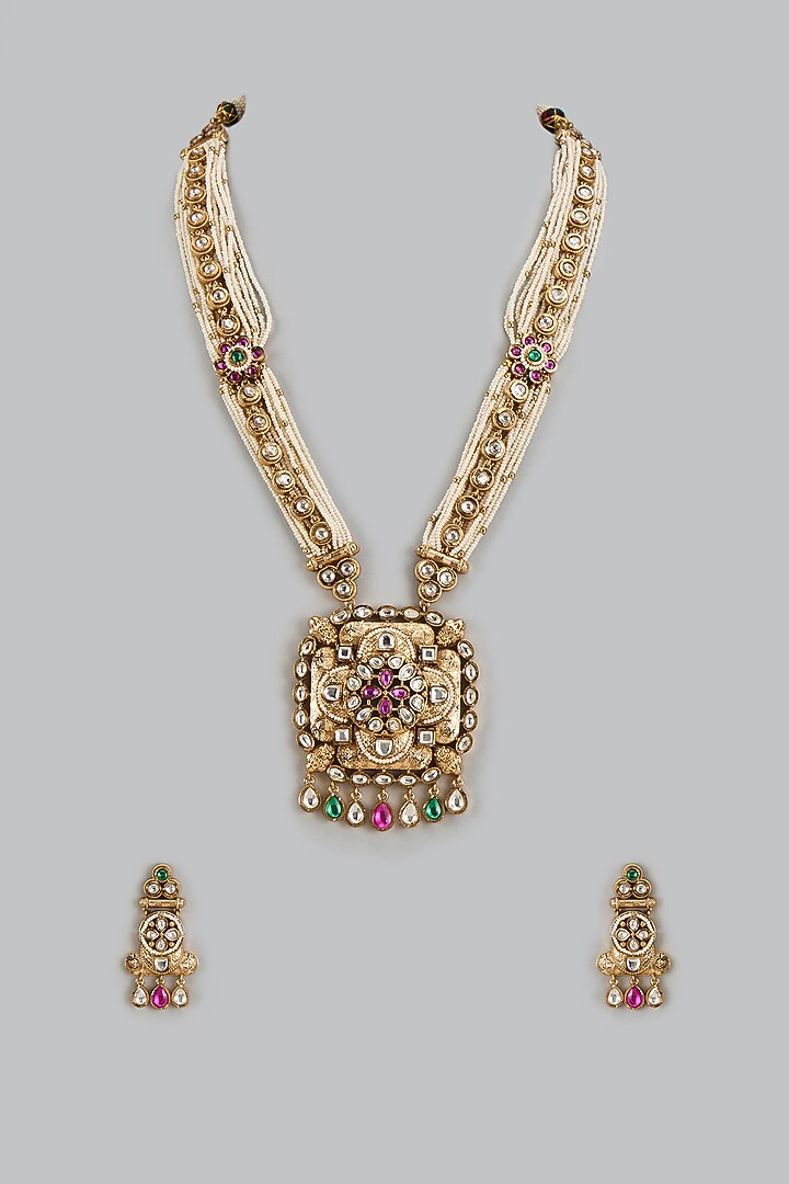 Gold Finish Kundan Polki & Multi-Colored Stone Temple Necklace Set by VASTRAA Jewellery at Pernia's Pop Up Shop