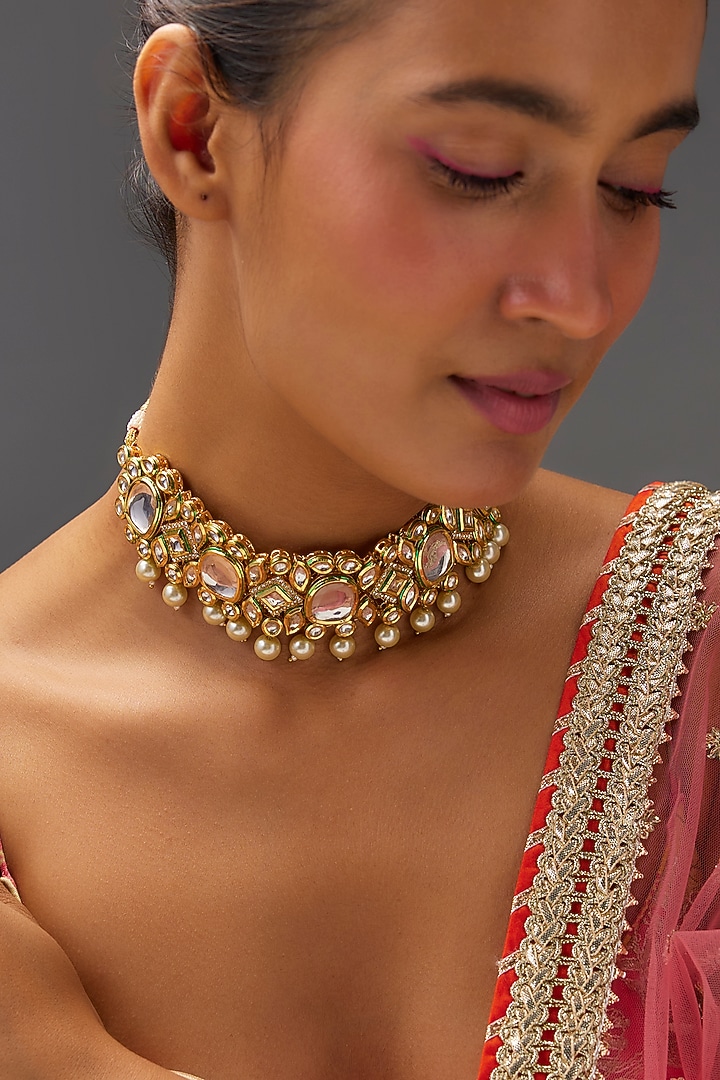 Gold Finish Kundan Polki Necklace by VASTRAA Jewellery at Pernia's Pop Up Shop