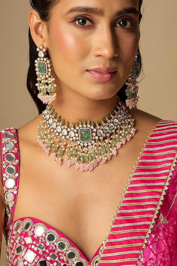 Gold Finish Pink Stone Necklace Set by VASTRAA Jewellery at Pernia's Pop Up Shop