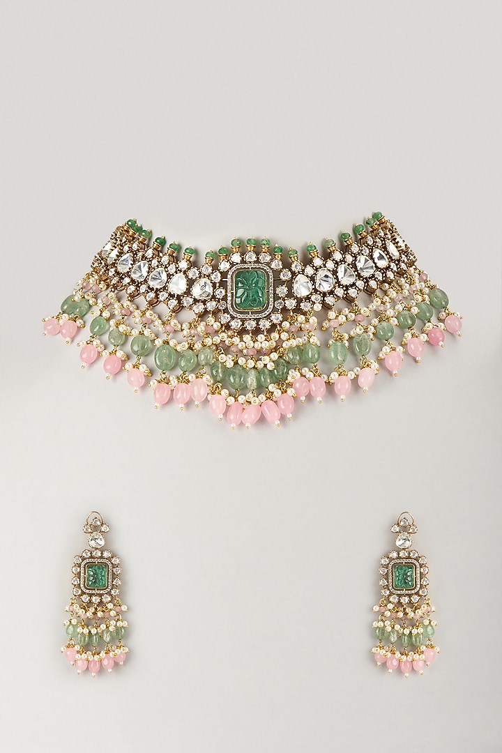 Gold Finish Pink Stone Necklace Set by VASTRAA Jewellery at Pernia's Pop Up Shop