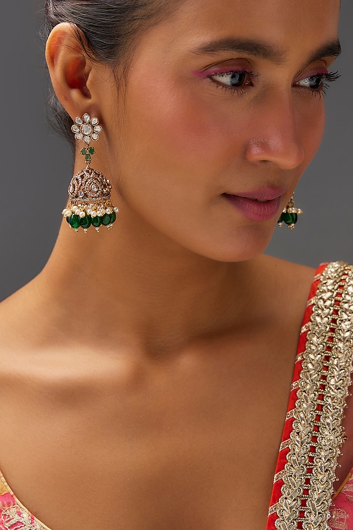Gold Finish Kundan Polki & Green Stone Jhumka Earrings by VASTRAA Jewellery at Pernia's Pop Up Shop