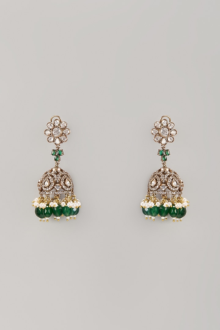 Gold Finish Kundan Polki & Green Stone Jhumka Earrings by VASTRAA Jewellery at Pernia's Pop Up Shop