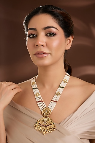 Gold Finish Pearl Long Necklace by VASTRAA Jewellery