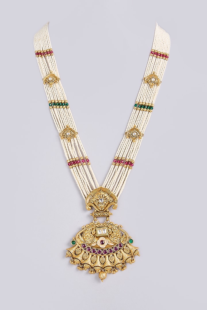 Gold Finish Pearl Long Necklace by VASTRAA Jewellery at Pernia's Pop Up Shop