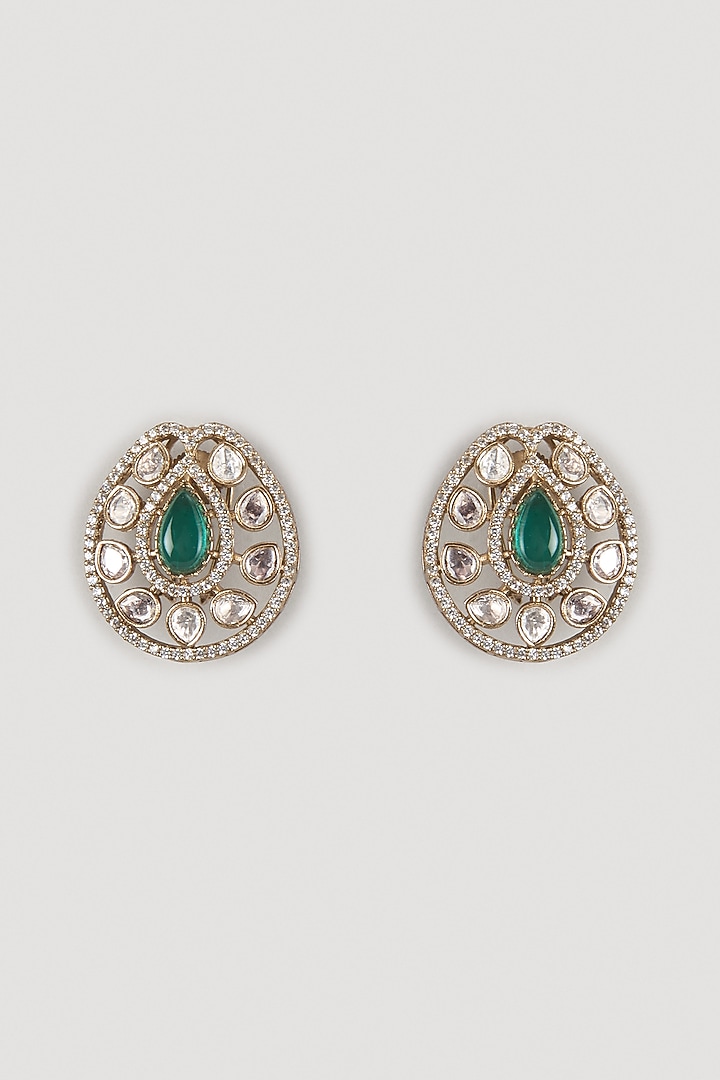 Gold Finish Kundan Polki & Green Stone Stud Earrings by VASTRAA Jewellery at Pernia's Pop Up Shop