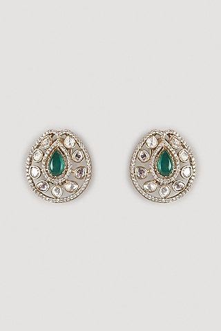 Gold Finish Kundan Polki & Green Stone Stud Earrings by VASTRAA Jewellery