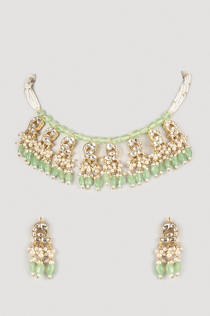 Gold Finish Kundan Polki & Pearl Necklace Set by VASTRAA Jewellery at Pernia's Pop Up Shop