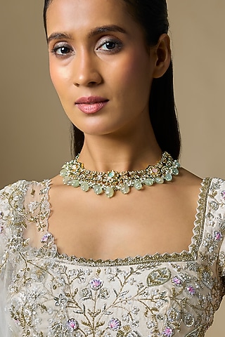 White Finish Mint Green Stone Choker Necklace by VASTRAA Jewellery
