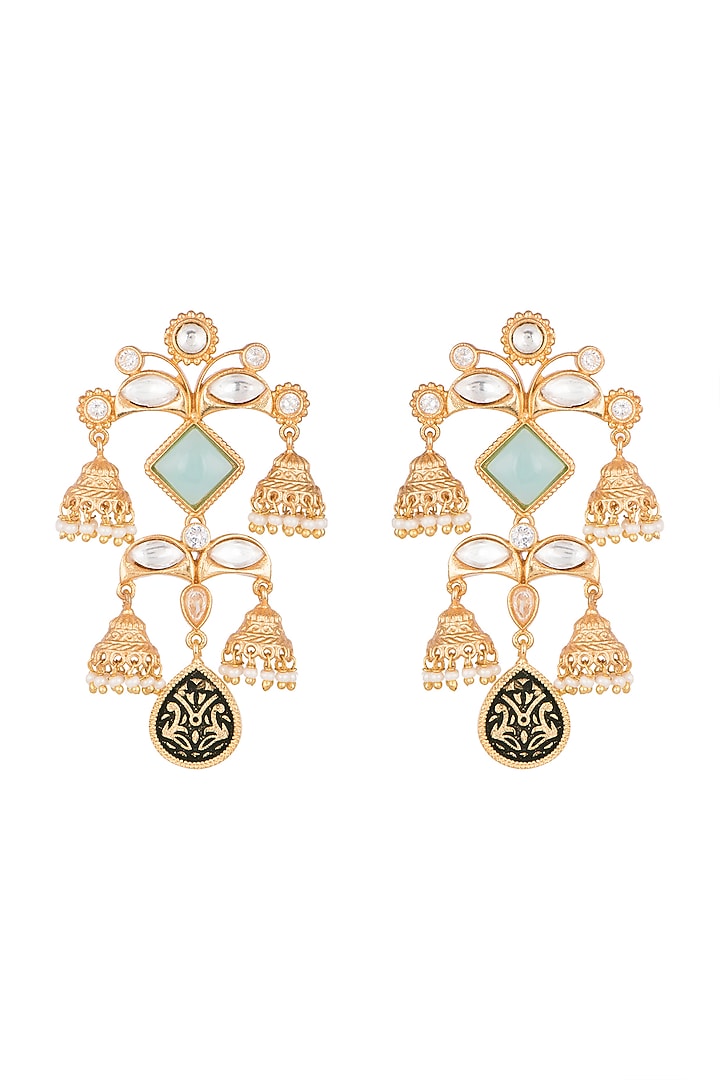 Gold Finish Kundan Polki & Pearl Engraved Earrings by VASTRAA Jewellery at Pernia's Pop Up Shop
