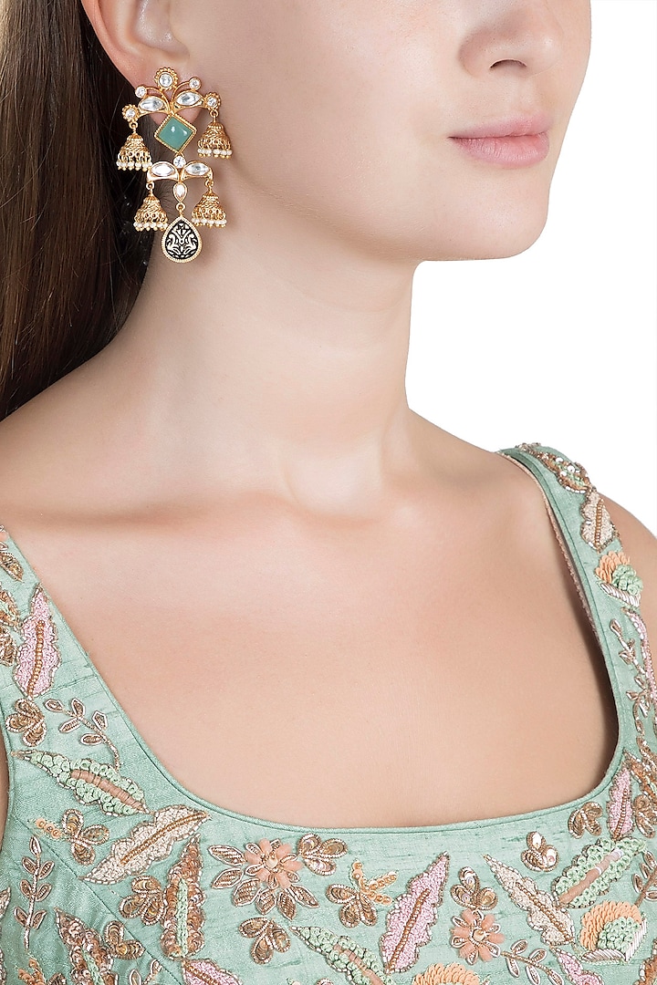 Gold Finish Kundan Polki & Pearl Engraved Earrings by VASTRAA Jewellery