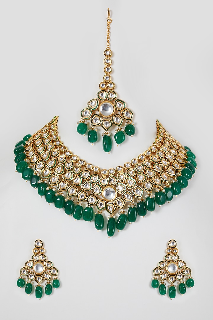 Gold Finish Kundan Polki & Green Beaded Necklace Set by VASTRAA Jewellery at Pernia's Pop Up Shop