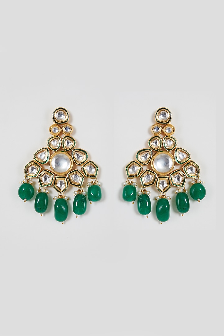 Gold Finish Kundan Polki & Green Beaded Necklace Set by VASTRAA Jewellery at Pernia's Pop Up Shop
