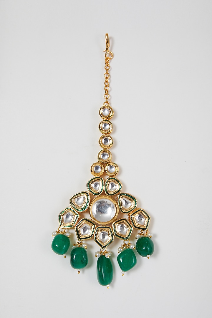 Gold Finish Kundan Polki & Green Beaded Necklace Set by VASTRAA Jewellery at Pernia's Pop Up Shop