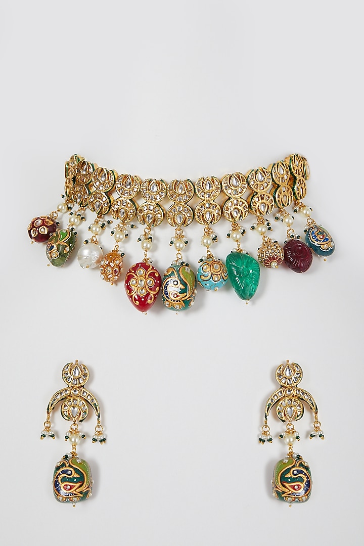 Gold Finish Multi-Colored Stone & Pearl Necklace Set by VASTRAA Jewellery at Pernia's Pop Up Shop