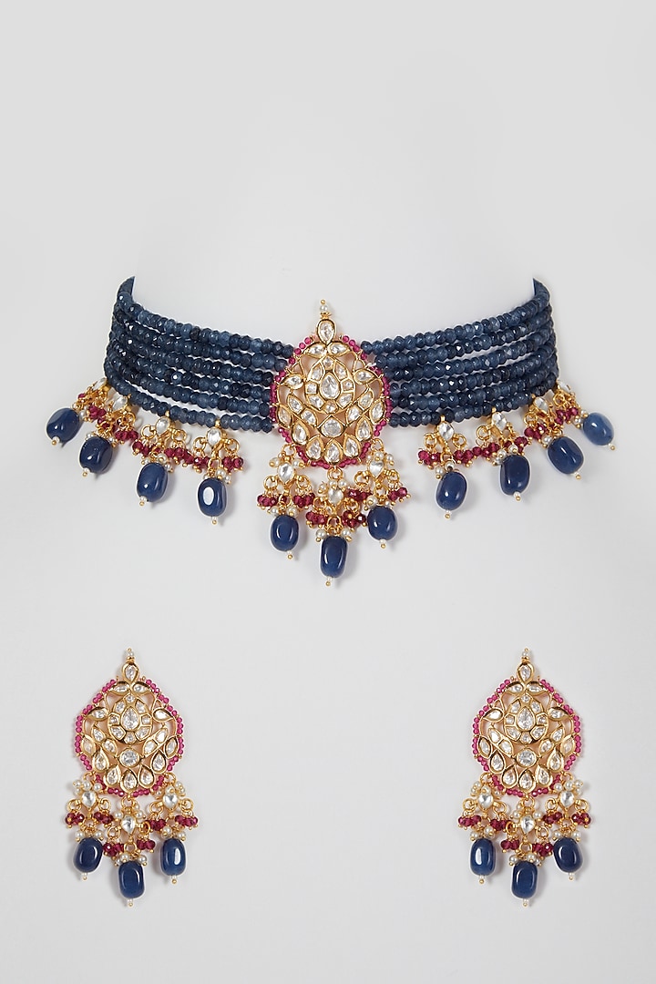 Gold Finish Kundan Polki Beaded Necklace Set by VASTRAA Jewellery at Pernia's Pop Up Shop