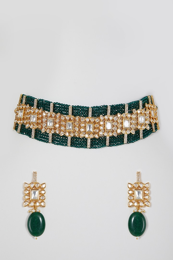 Gold Finish Kundan Polki Beaded Choker Necklace Set by VASTRAA Jewellery