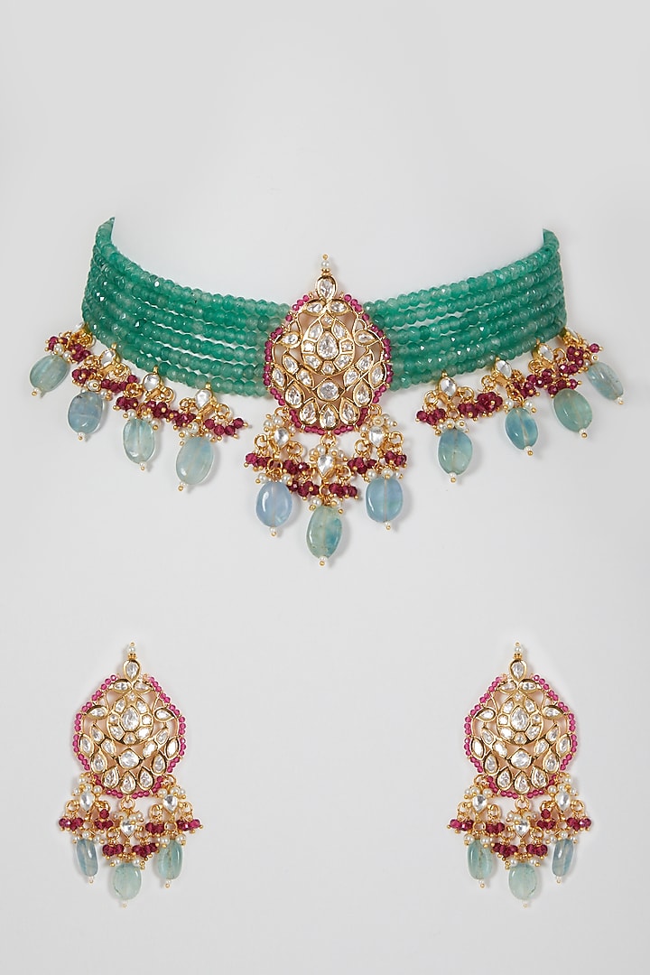 Gold Finish Kundan Polki & Beaded Choker Necklace Set by VASTRAA Jewellery at Pernia's Pop Up Shop