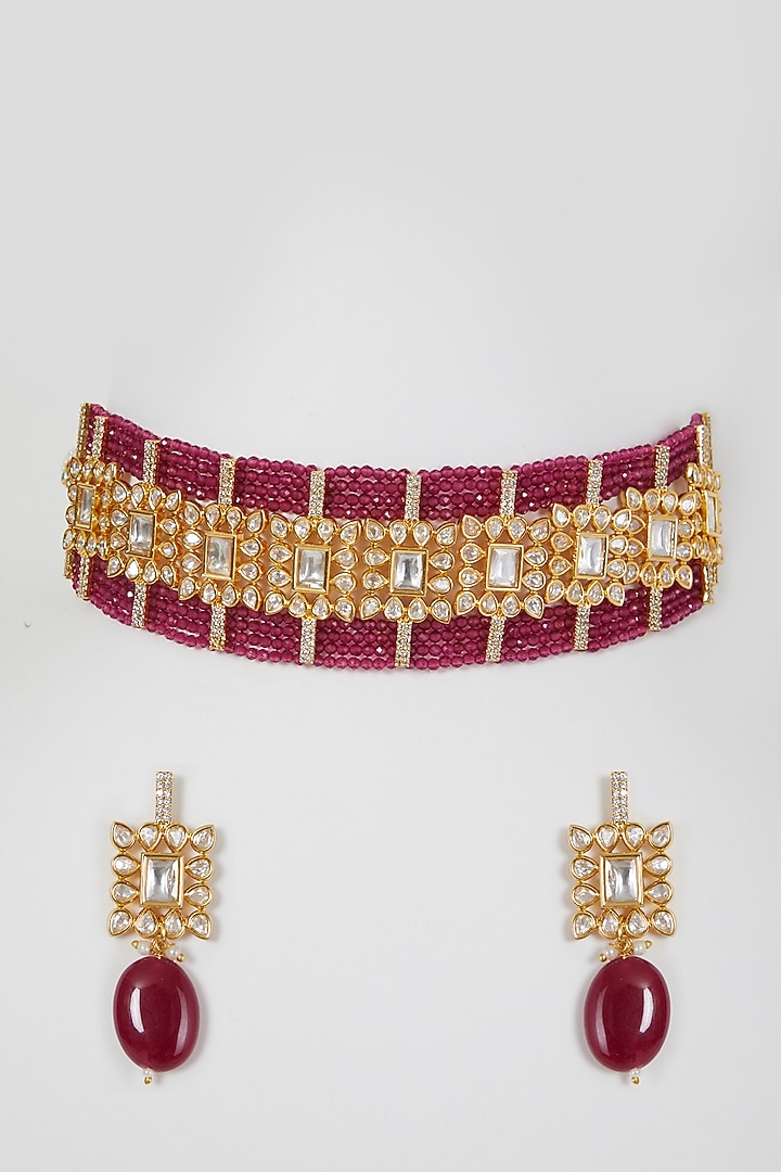 Gold Finish Kundan Polki Beaded Choker Necklace Set by VASTRAA Jewellery at Pernia's Pop Up Shop