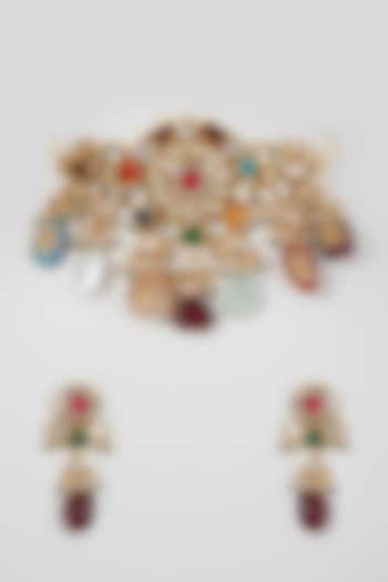 Gold Finish Multi-Colored Stone & Kundan Polki Necklace Set by VASTRAA Jewellery at Pernia's Pop Up Shop