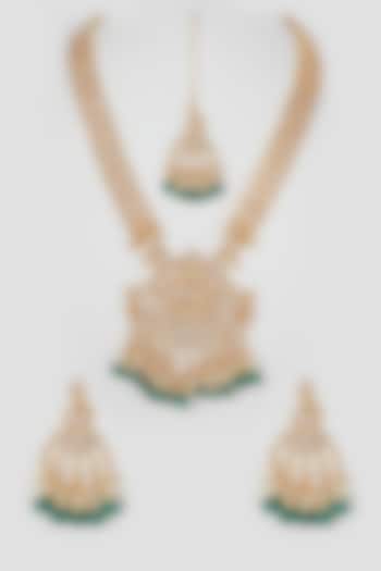 Gold Finish Kundan Polki Beaded Long Necklace Set by VASTRAA Jewellery