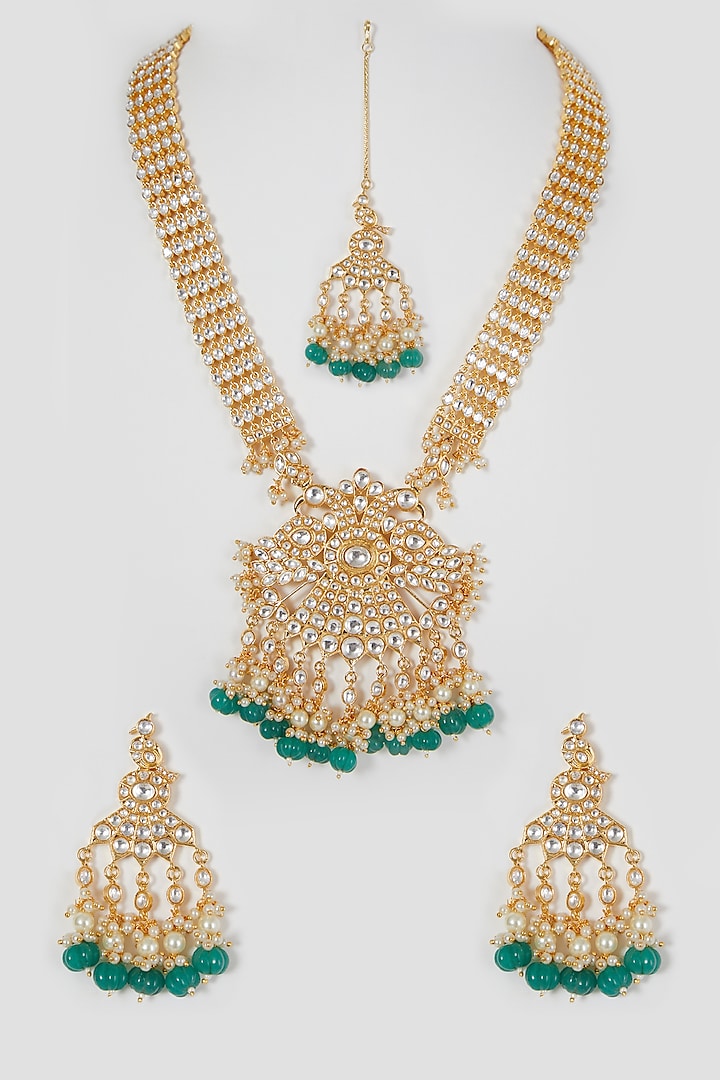 Gold Finish Kundan Polki Beaded Long Necklace Set by VASTRAA Jewellery