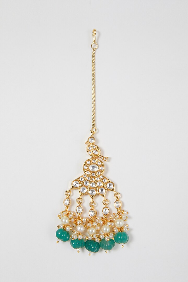 Gold Finish Kundan Polki Beaded Long Necklace Set by VASTRAA Jewellery at Pernia's Pop Up Shop