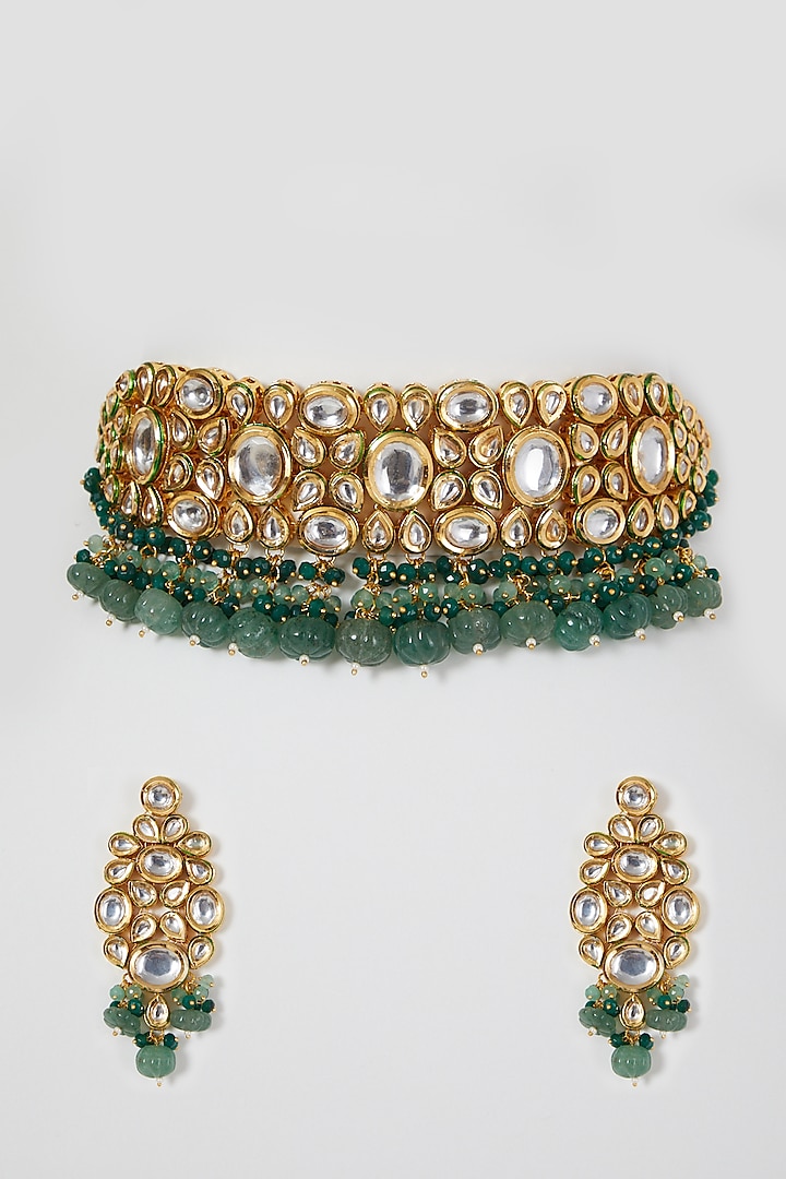 Gold Finish  Kundan Polki & Beaded Choker Necklace Set by VASTRAA Jewellery