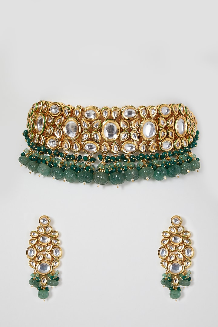 Gold Finish  Kundan Polki & Beaded Choker Necklace Set by VASTRAA Jewellery at Pernia's Pop Up Shop