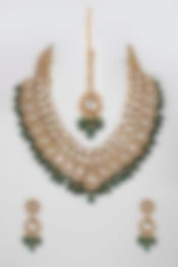 Gold Finish Kundan Polki & Green Beaded Necklace Set by VASTRAA Jewellery at Pernia's Pop Up Shop