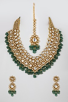 Gold Finish Beaded Necklace Set With Kundan Polki by VASTRAA Jewellery