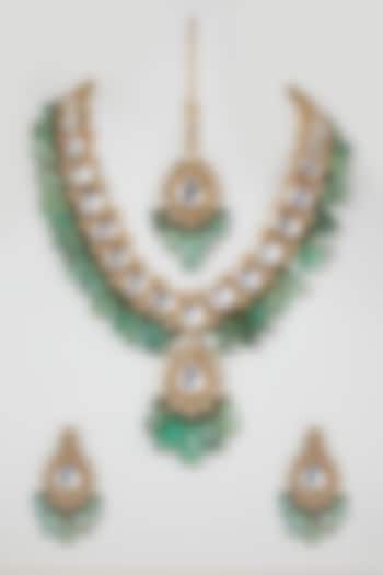 Gold Finish Kundan Polki & Green Beaded Necklace Set by VASTRAA Jewellery at Pernia's Pop Up Shop