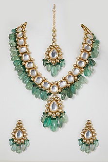 Gold Finish Green Beaded Necklace Set With Kundan Polki by VASTRAA Jewellery