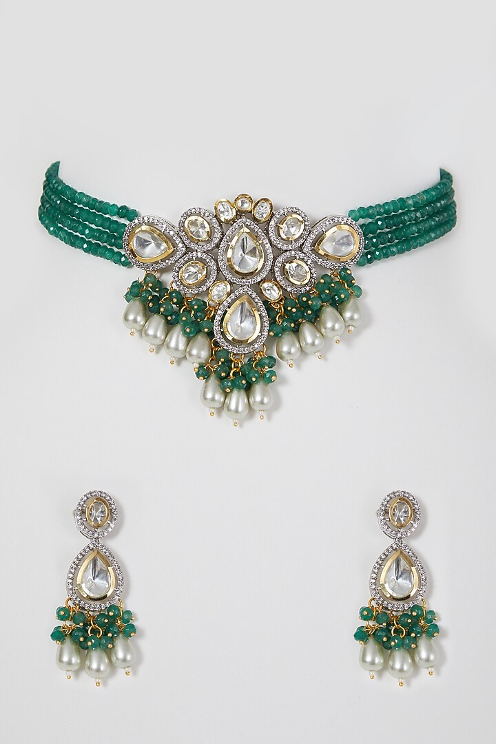 Two-Tone Rhodium Finish Zircon & Kundan Polki Choker Necklace Set by VASTRAA Jewellery at Pernia's Pop Up Shop