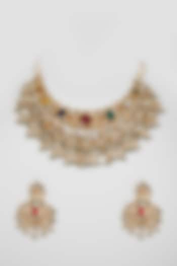 Gold Finish Kundan Polki & Navratna Stone Necklace Set by VASTRAA Jewellery at Pernia's Pop Up Shop