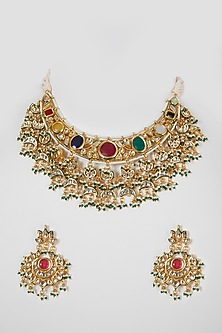 Gold Finish Kundan Polki And Navratan Necklace Set by VASTRAA Jewellery