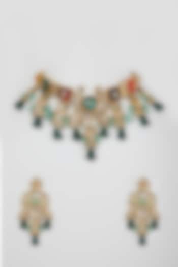 Gold Finish Multi-Colored Stone Necklace Set by VASTRAA Jewellery at Pernia's Pop Up Shop