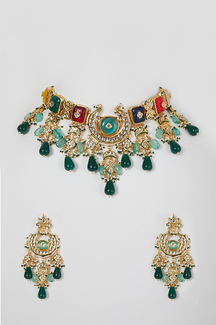 Gold Finish Multi-Colored Stone Necklace Set by VASTRAA Jewellery at Pernia's Pop Up Shop