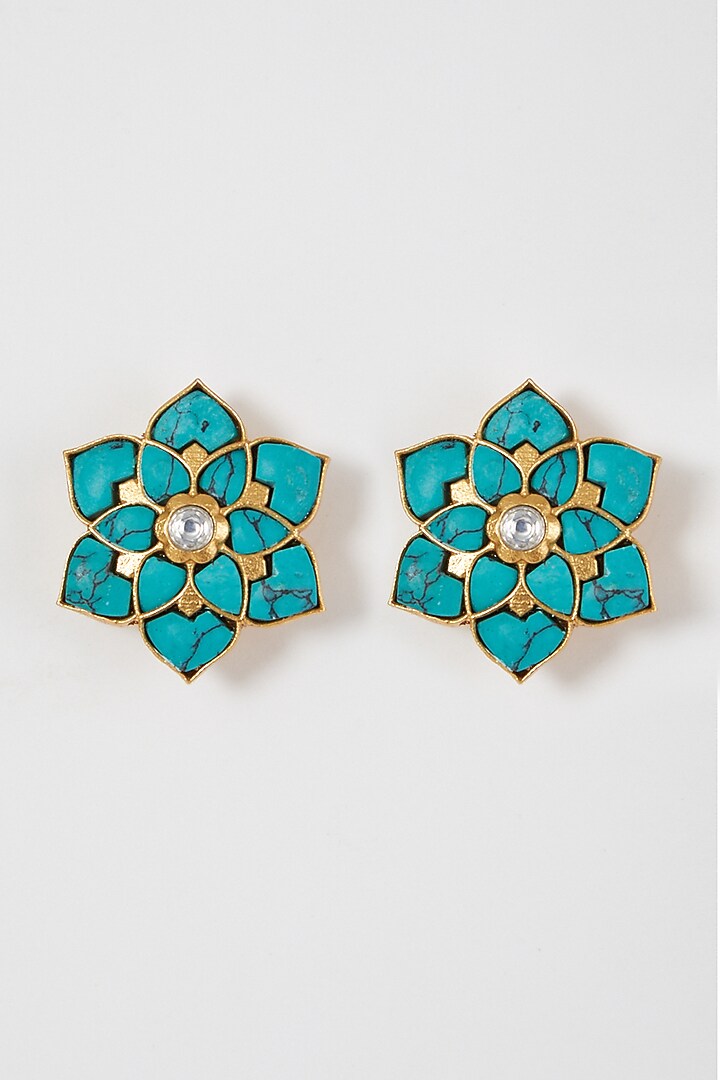 Gold Finish Turquoise Stone Floral Stud Earrings by VASTRAA Jewellery at Pernia's Pop Up Shop