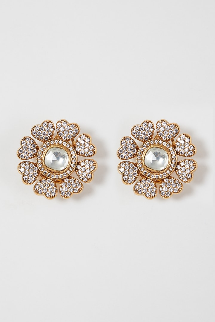 Gold Finish Zircon & Kundan Polki Floral Stud Earrings by VASTRAA Jewellery at Pernia's Pop Up Shop