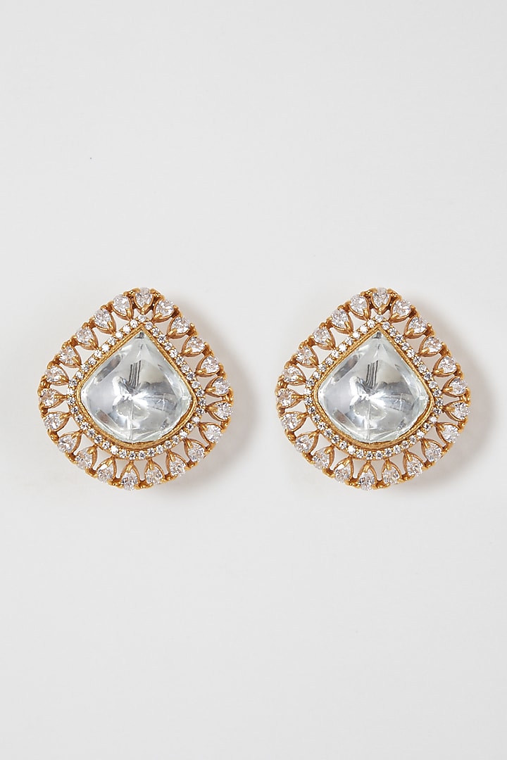 Gold Finish Kundan Polki & Zircon Stud Earrings by VASTRAA Jewellery at Pernia's Pop Up Shop