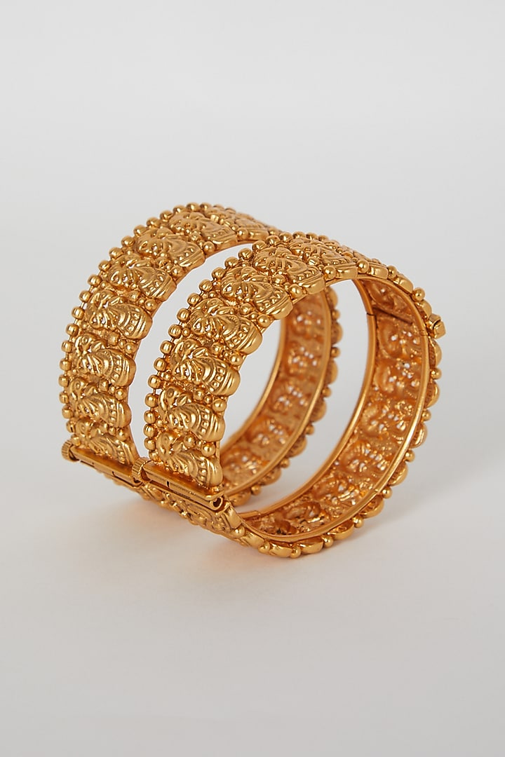 Gold Finish Openable Temple Motifs Bangles (Set of 2) by VASTRAA Jewellery at Pernia's Pop Up Shop