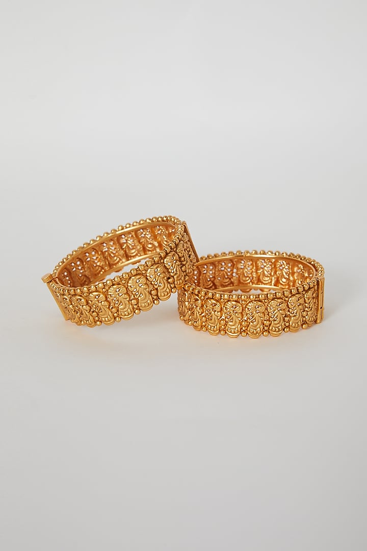 Gold Finish Openable Temple Motifs Bangles (Set of 2) by VASTRAA Jewellery at Pernia's Pop Up Shop