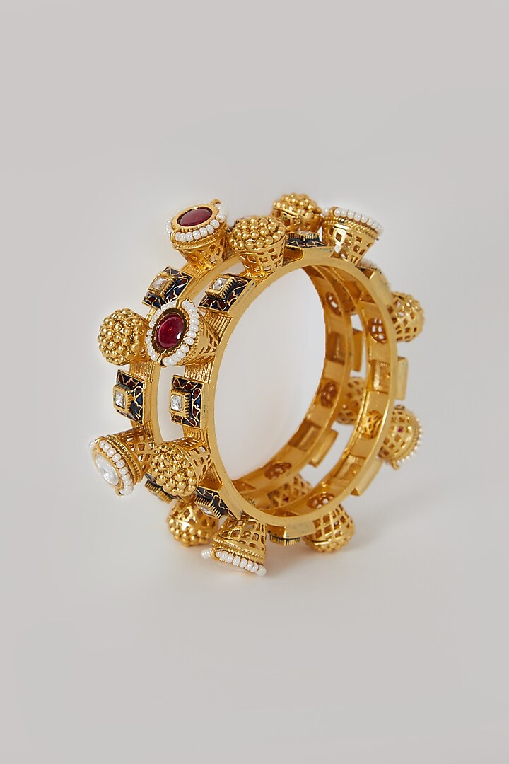 Gold Finish Kundan Polki & Pearl Enameled Bangles (Set of 2) by VASTRAA Jewellery at Pernia's Pop Up Shop
