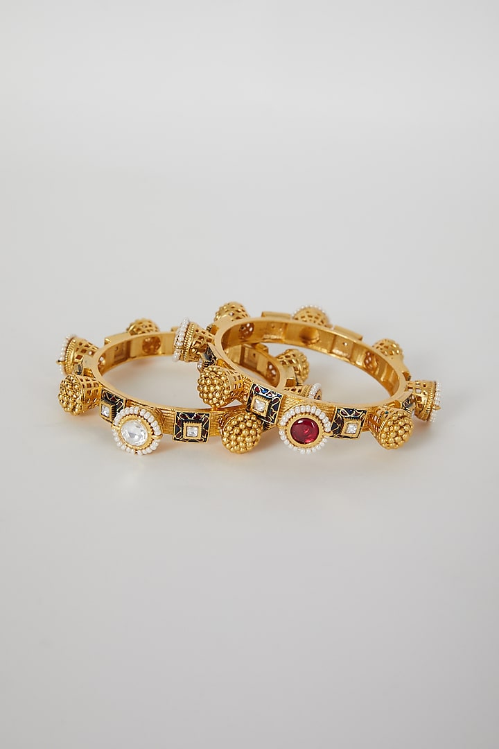 Gold Finish Kundan Polki & Pearl Enameled Bangles (Set of 2) by VASTRAA Jewellery