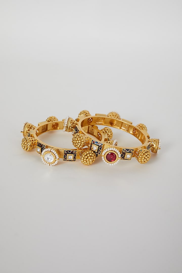 Gold Finish Kundan Polki & Pearl Enameled Bangles (Set of 2) by VASTRAA Jewellery at Pernia's Pop Up Shop