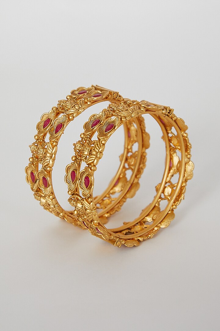Gold Finish Red Stone Openable Temple Motifs Bangles (Set of 2) by VASTRAA Jewellery at Pernia's Pop Up Shop