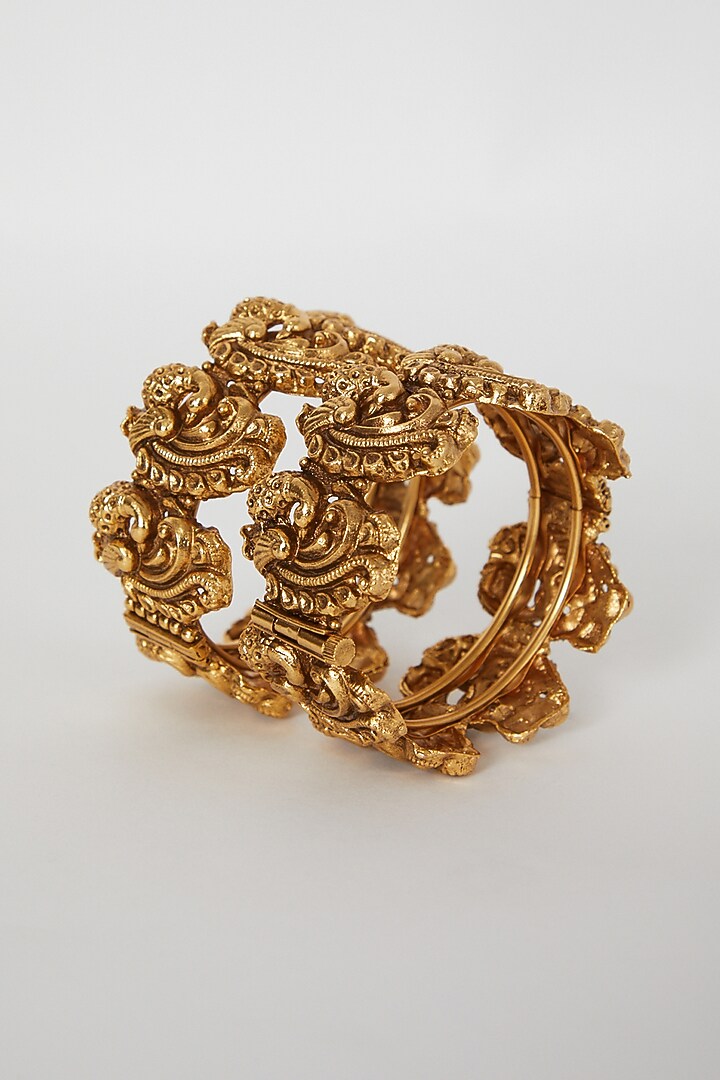 Gold Finish Openable Temple Motifs Bangles (Set of 2) by VASTRAA Jewellery at Pernia's Pop Up Shop