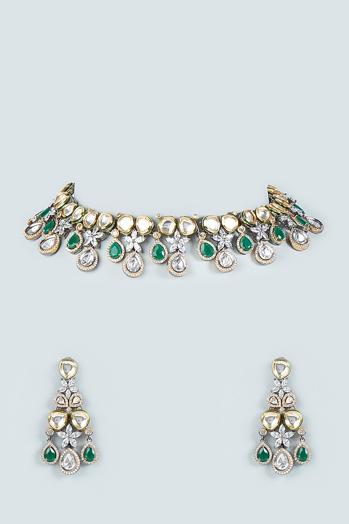 Two-Tone Finish Kundan Polki & Green Beaded Choker Necklace Set by VASTRAA Jewellery at Pernia's Pop Up Shop