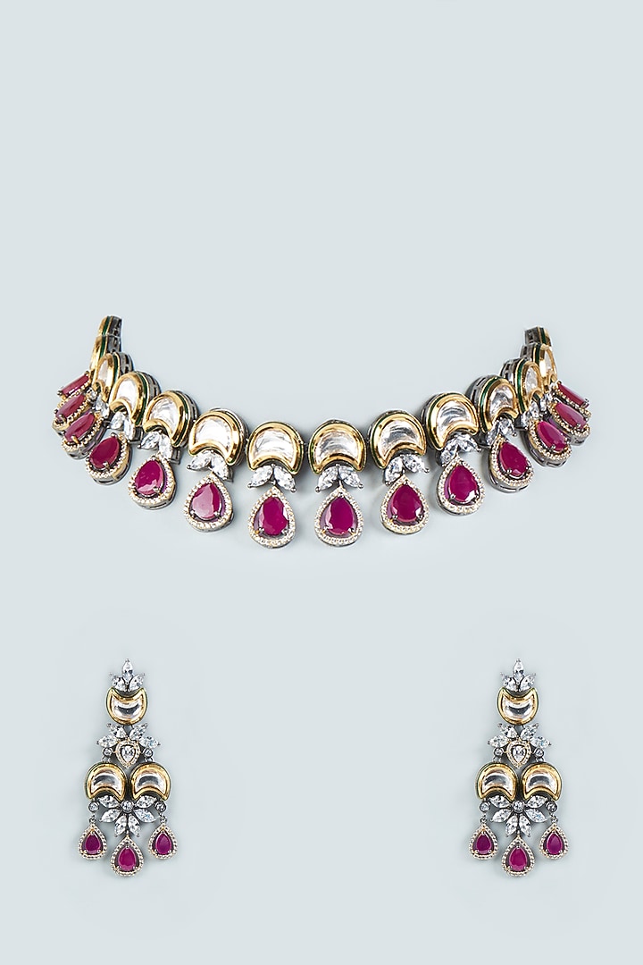 Two Tone Finish Kundan Polki & Red Beaded Choker Necklace Set by VASTRAA Jewellery at Pernia's Pop Up Shop